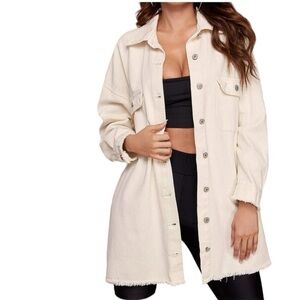 Hazel & Olive Long Oversized Raw Fray Hem Denim Jacket